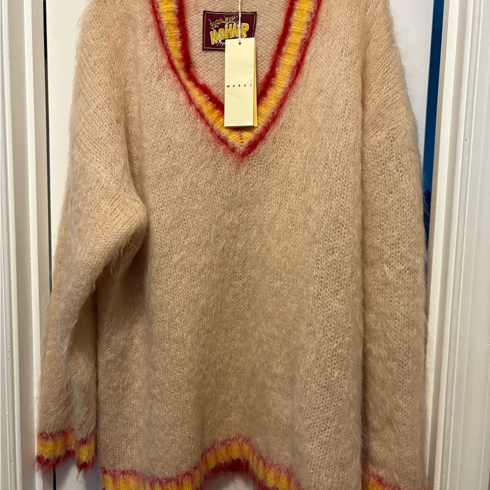Mohair V-Neck Sweater - Beige with Red and Yellow Accents